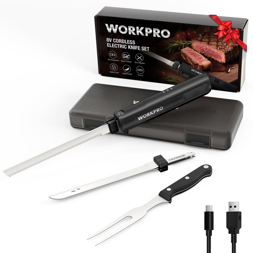 WORKPRO Cordless Electric Knife Set, 8V Electric Bread Knife with 2 Stainless Steel Blades