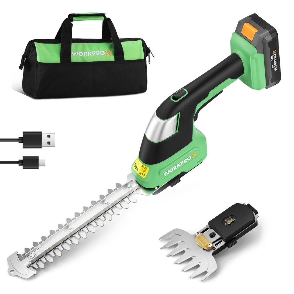 WORKPROX 2-in-1 Cordless Hedge Trimmer and Grass Shear, 20 V Electric Hedge Trimmer with 200