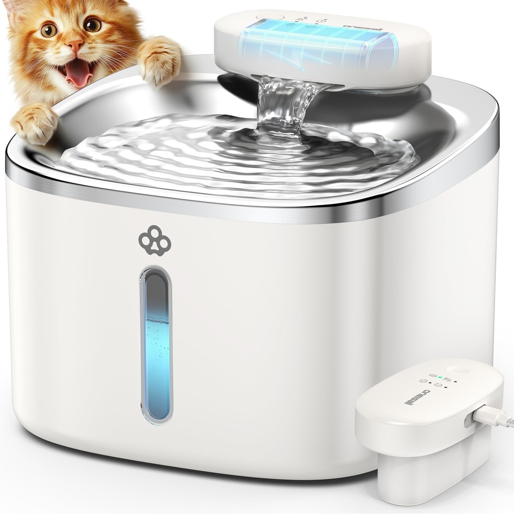 oneisall Wireless Cat Water Fountain,3.5L Stainless Steel Cat Fountain Dishwasher Safe, Quiet