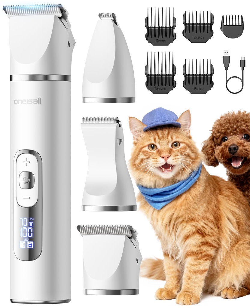 oneisall Quiet Cat Clippers for Matted Fur, Cat Grooming Kit 3 in1 with LCD Display, 3 Speed