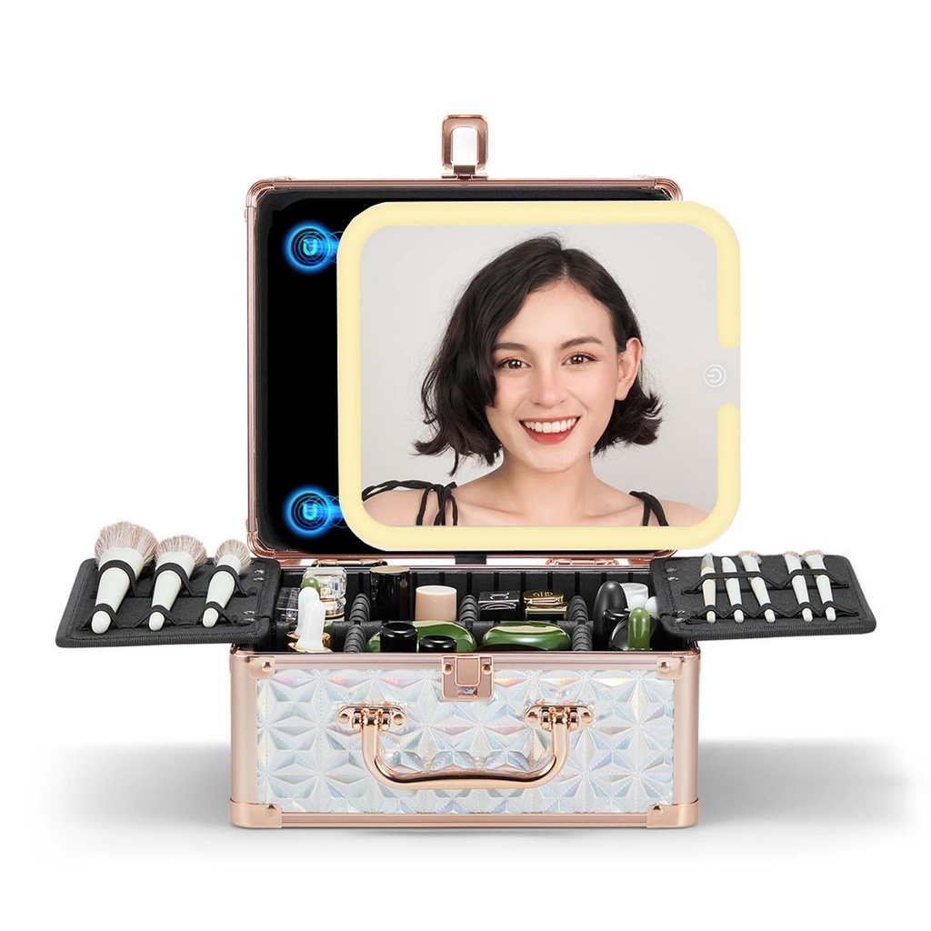 OMIRO Makeup Box with Led Mirror, Portable Beauty Cosmetic Organizer Case with Detachable M
