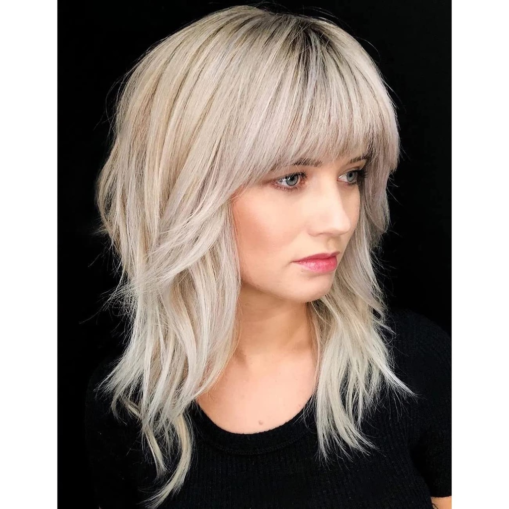 Baruisi Blonde Wig with Bangs Shoulder Length Layered Wig Dark Roots Synthetic Party Cospla