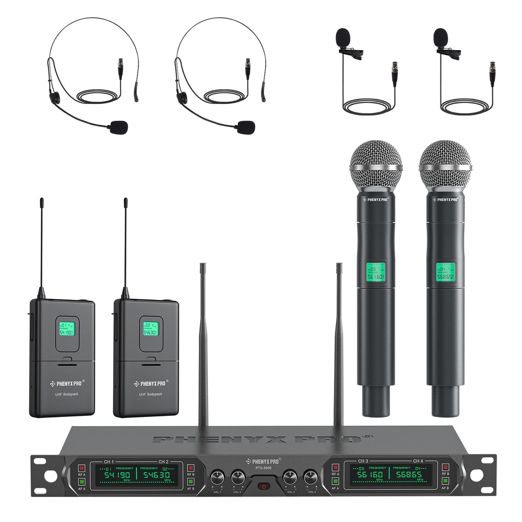 Phenyx Pro Wireless Microphone System, 4-Channel UHF Wireless Mic Set with Handheld/Bodypack