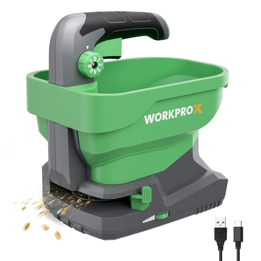 WORKPROX 7.2 V Grass Seed Spreader with 8-Flow-Rate, 6-Speeds and Adjustable Scatter Width