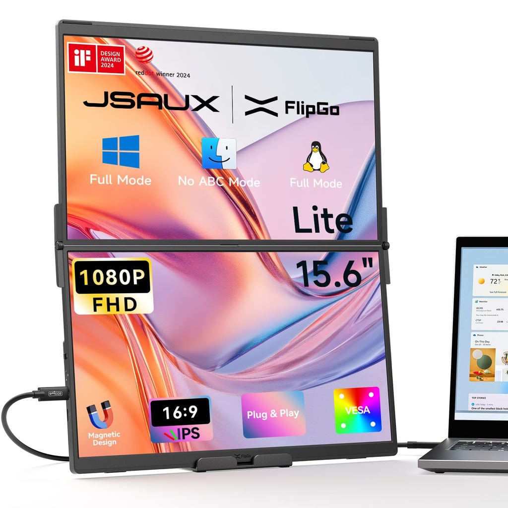 JSAUX FlipGo Lite 15.6" Dual Laptop Screen Extender, 1080P Triple Laptop Monitor Extender
