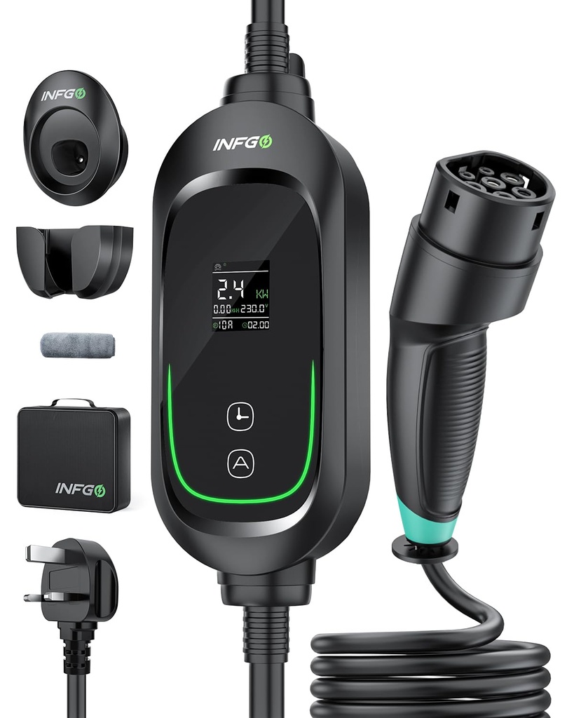 INFGO EV Charger, 49.21Ft/15M 2.4kW EV Charger Cable Type 2 to 3 Pin Plug (6/8/10A) Type 2