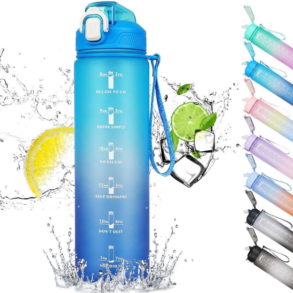 CodiCile 1L Water Bottle, Sports Water Bottle with Straw and Time Markings,Motivational Lea