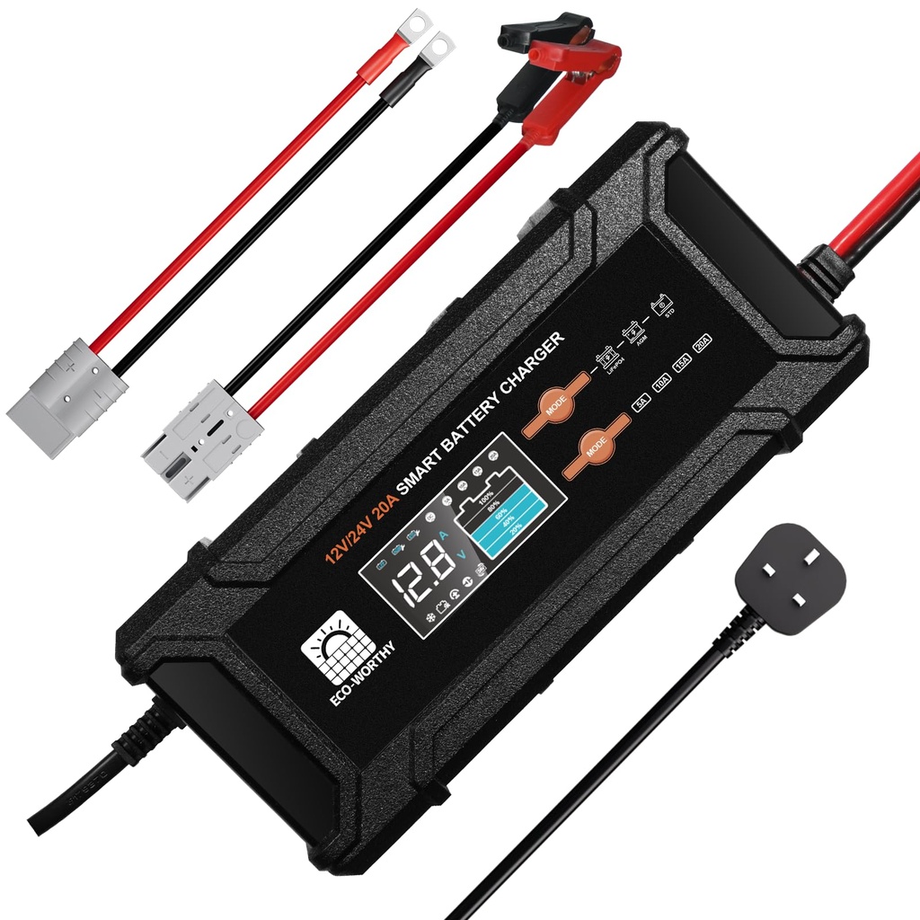 ECO-WORTHY 12V/24V 20A Smart LiFePO4 Battery Charger with UK Plug, Support Lithium, AGM