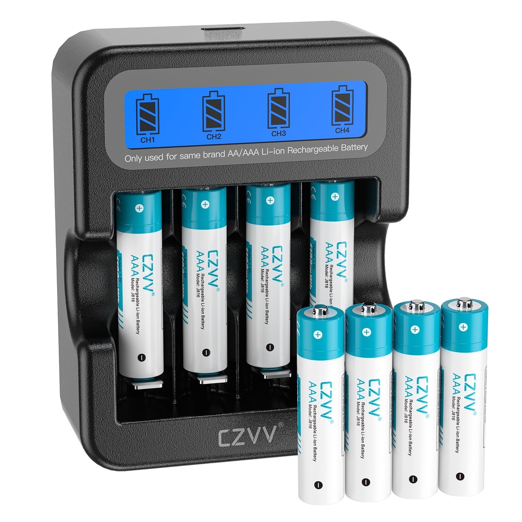 czvv Rechargeable AAA Lithium Batteries 1.5V - High Capacity 1100mWh 4 Pack Lithium Battery