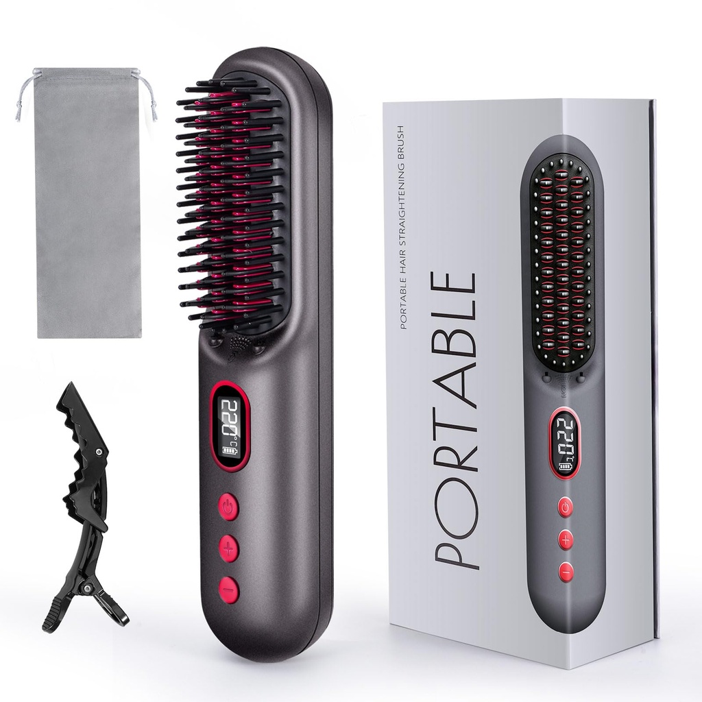 SOPPY Cordless Negative Ion Hair Straightener Brush - 25s Fast Heating, 11 Temp Settings (12