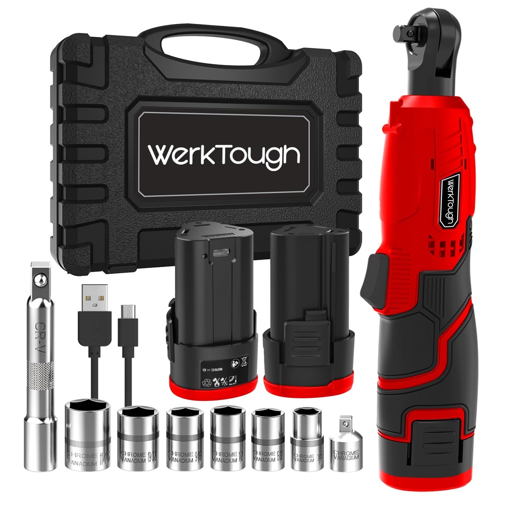 werktough Power Cordless Ratchet Wrench 3/8" Tool Kit with 2 Pack Li-ion Batteries