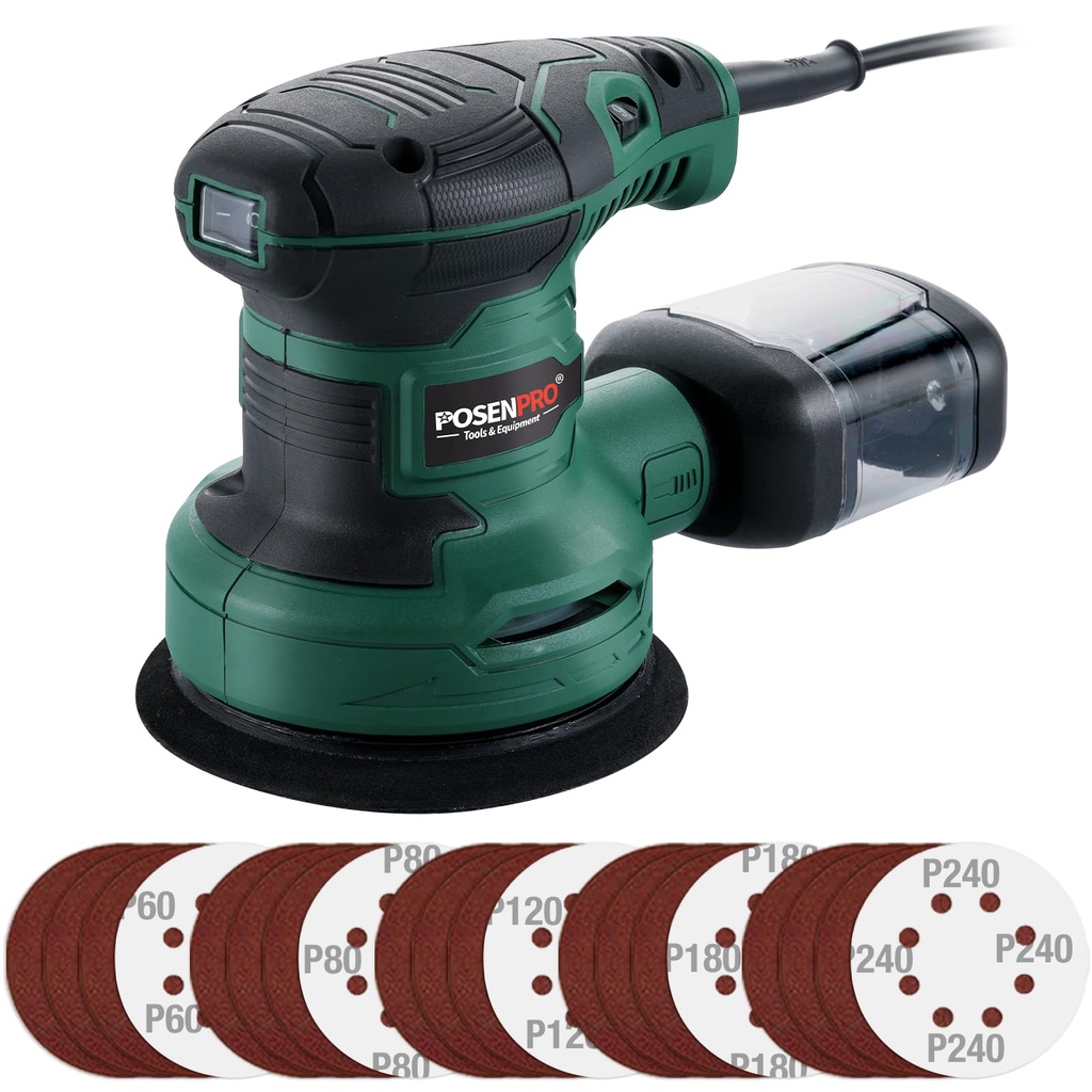POSENPRO 300W Random Orbital Sander with 20Pcs 125mm Sandpapers, 7000-13000RPM