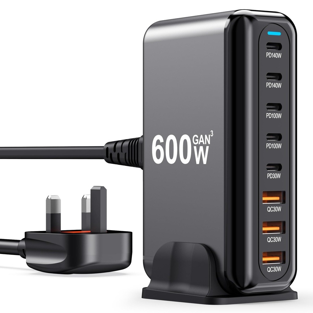 600W USB C Charger 8 Port PD 140W 100W 65W 45W 20W GaN Wall Charger Adapter Plug Fast Charge