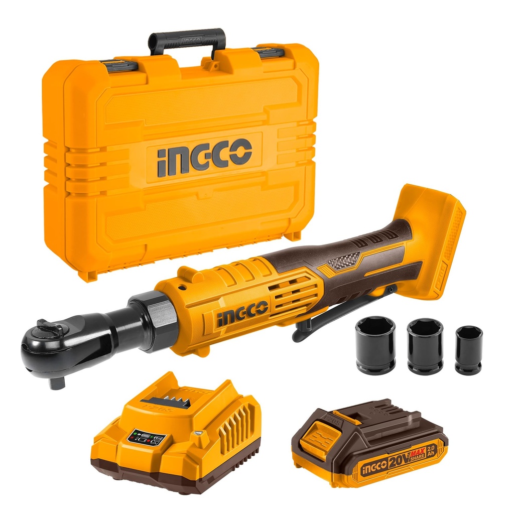 Ingco Cordless Ratchet Wrench 20V with LED Light, 3/8" Electric Drive Ratchet with 1Pcs 2.0