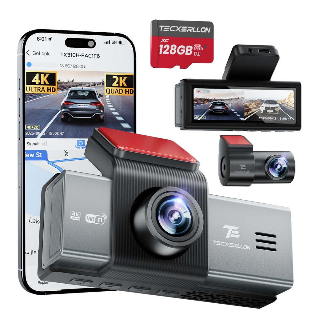 TECXERLLON Dash Cam, 4K Front and Rear Dual Camera with ADAS, Wide View