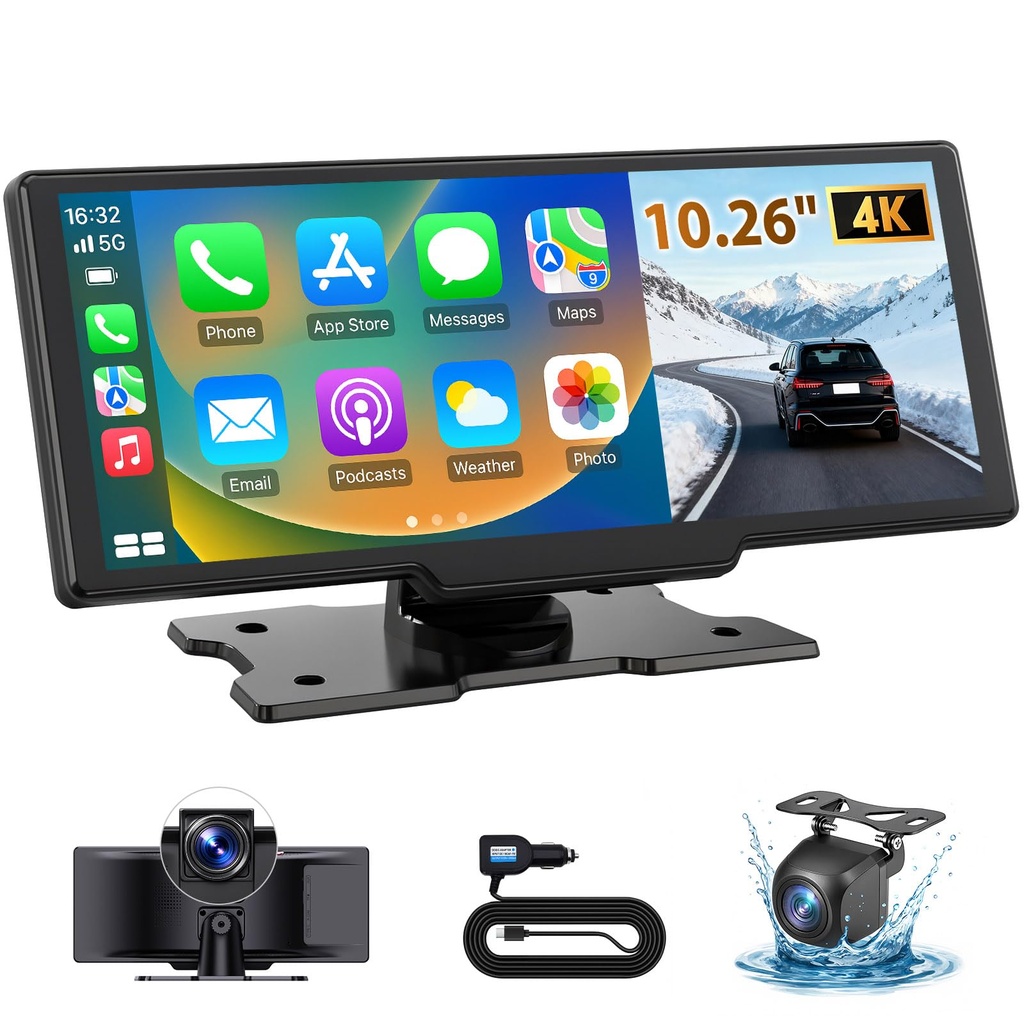 ELECROW 10.26" Wireless Portable Car Play Screen with 4K Front & HD Rear Dual Dash Cam