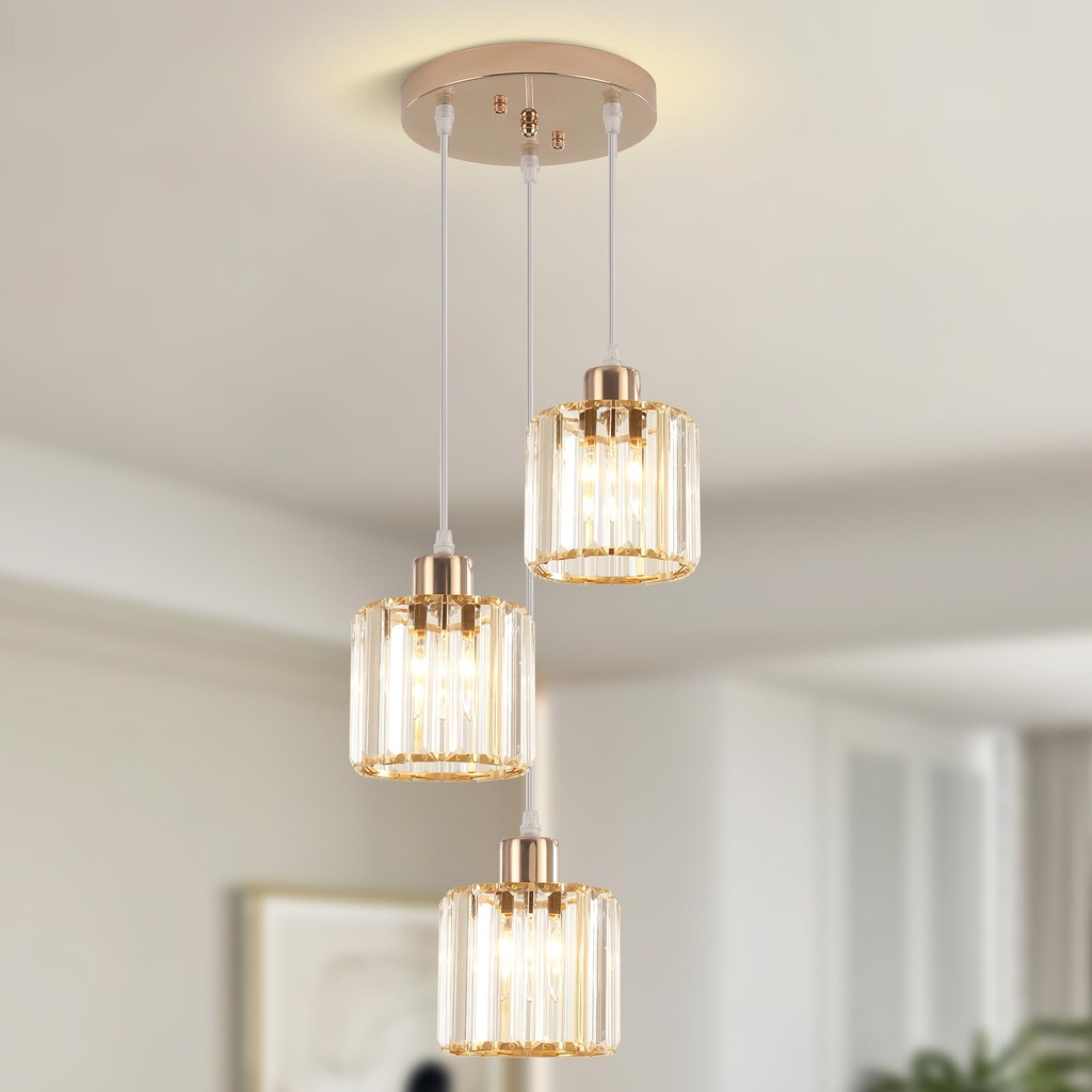 Gold Modern Crystal 3-Light Pendant Ceiling Light, Adjustable Height, Flush Mount