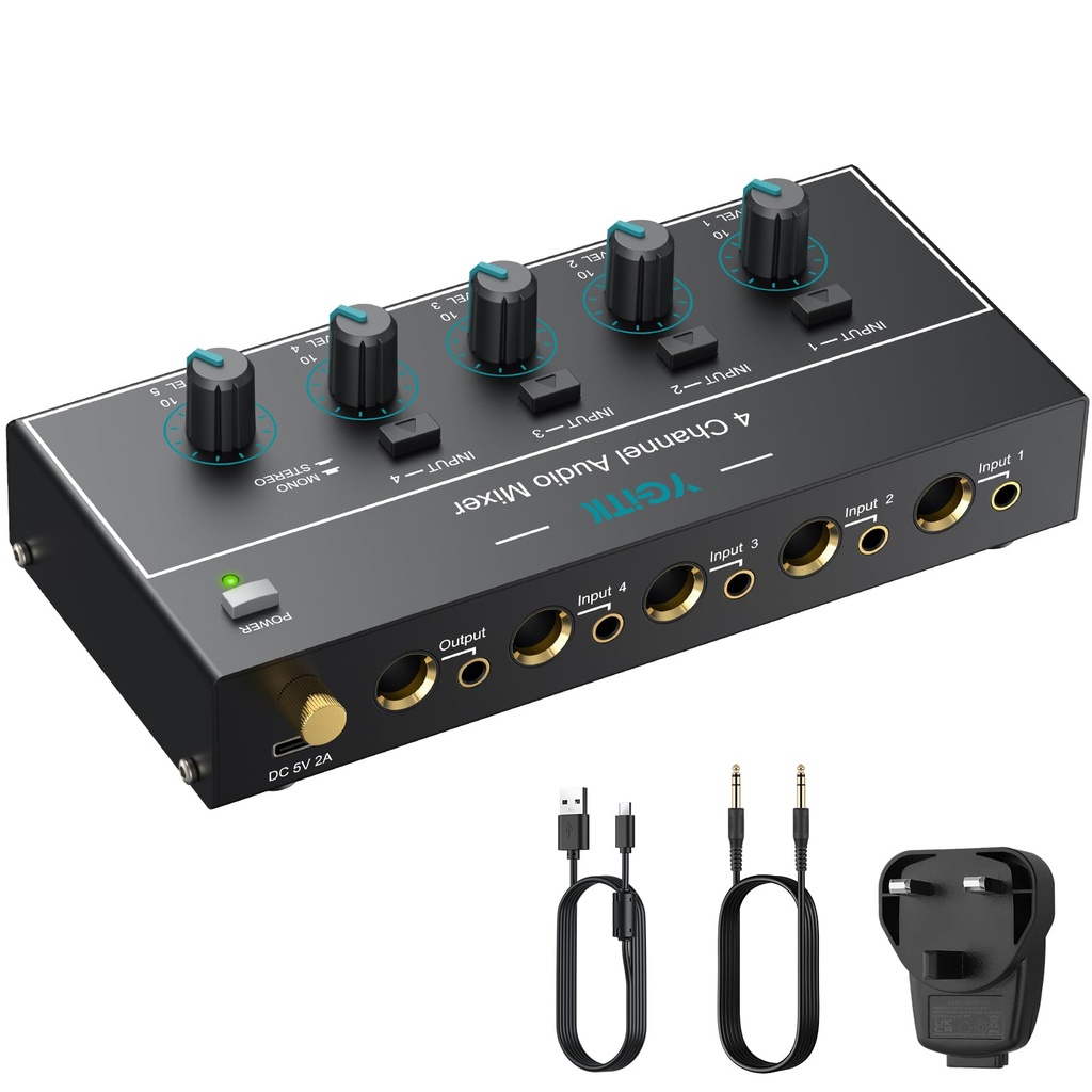 YGiTK Mini Audio Mixer, 4 Channel Stereo Line Mixer 1/4" & 1/8" TSR Audio Output Input Jack,