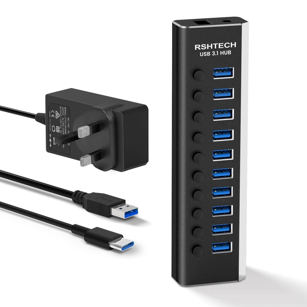RSHTECH 10-Port Powered USB Hub (10Gbps) Aluminum USB 3.1/3.2 Gen 2 Splitter with 12V/3A 36W