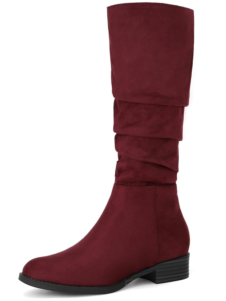 Allegra K Women's Round Toe Slouches Block Heels Knee High Boots Burgundy UK 6
