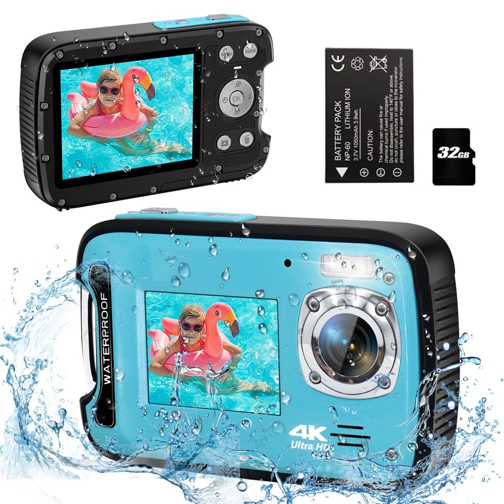 Underwater Camera, 4K 48MP 17FT Waterproof Camera for Snorkeling Dual Screen Auto Focus
