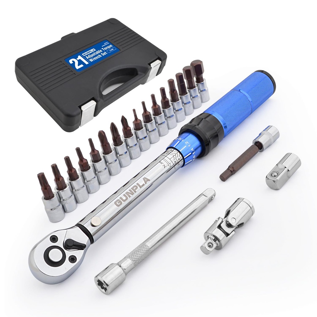 Gunpla 1/4" Drive Torque Wrench Set 21-Pieces Click Dual-Direction Adjustable with Extension