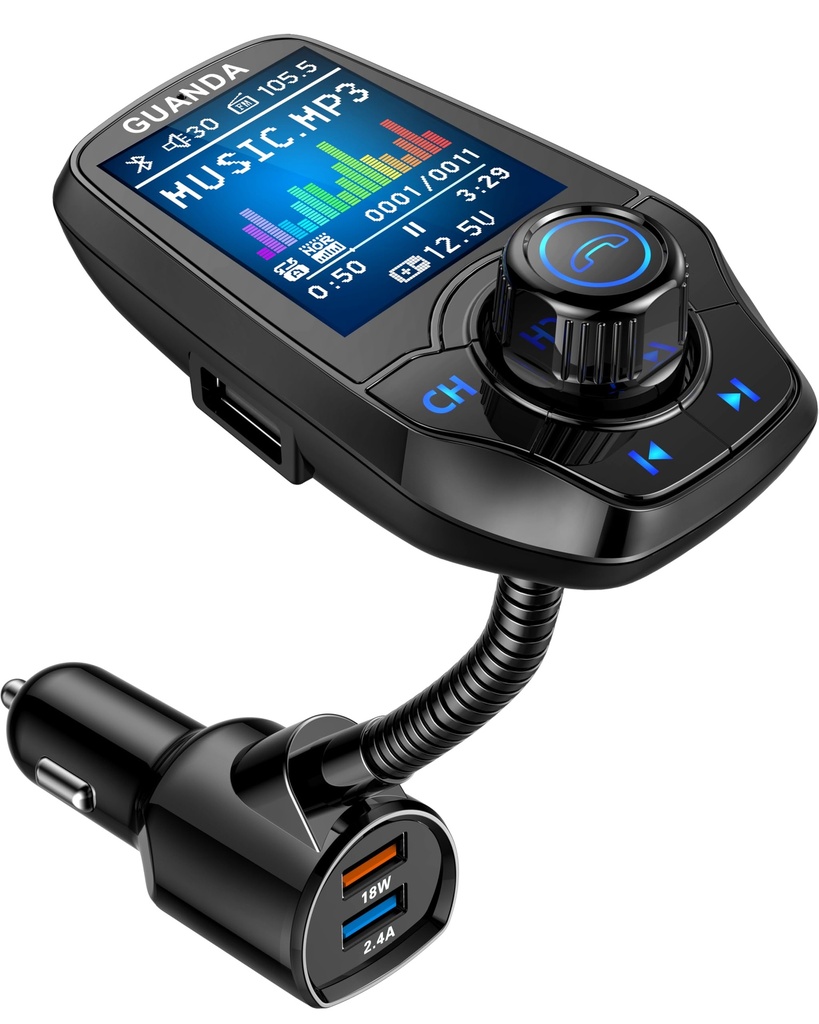 Bluetooth FM Transmitter in-Car Wireless Radio Adapter Kit 1.8" Color Display Hands-Free 