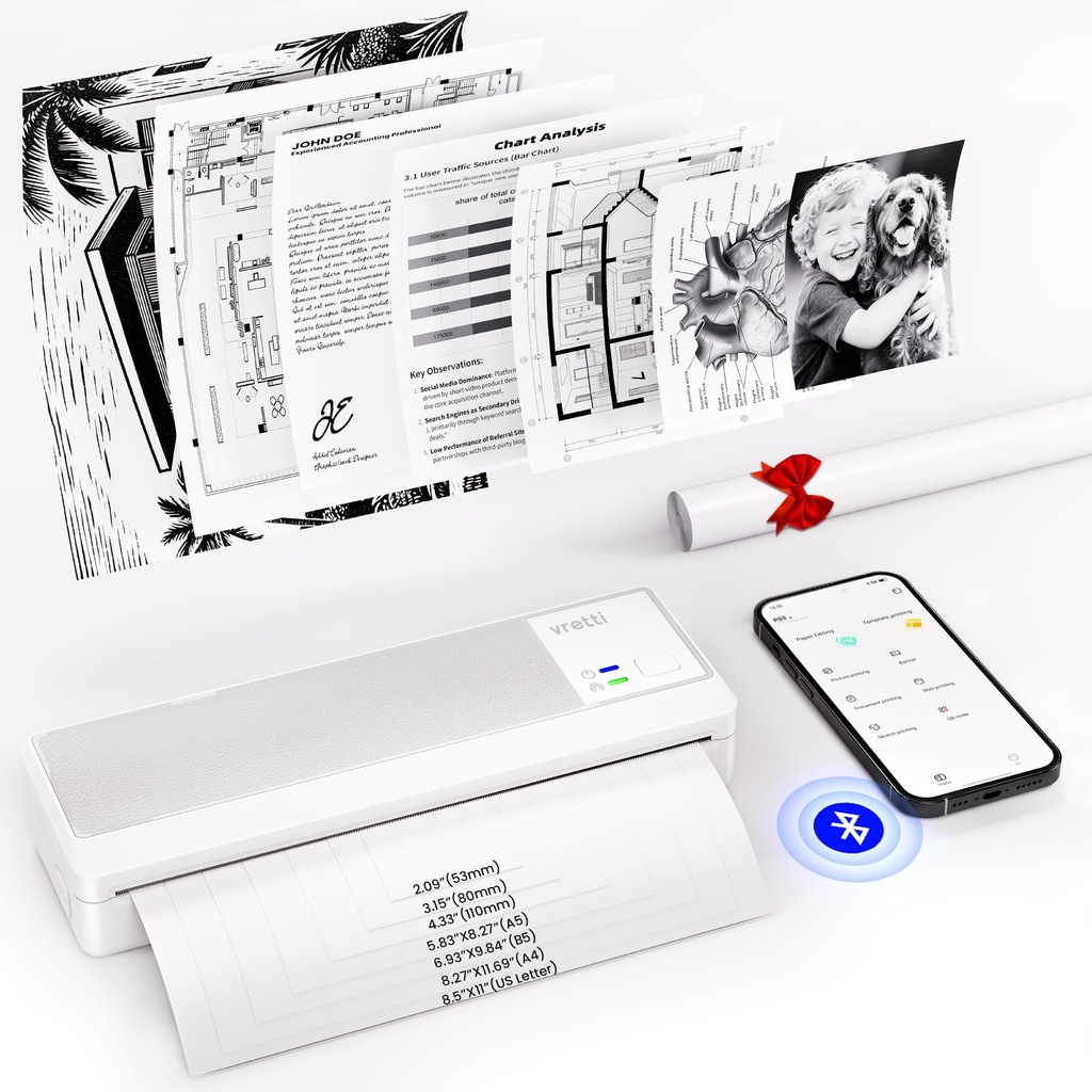 vretti Portable thermal Printers,P83 Inkless Printer,Thermal Machine A4