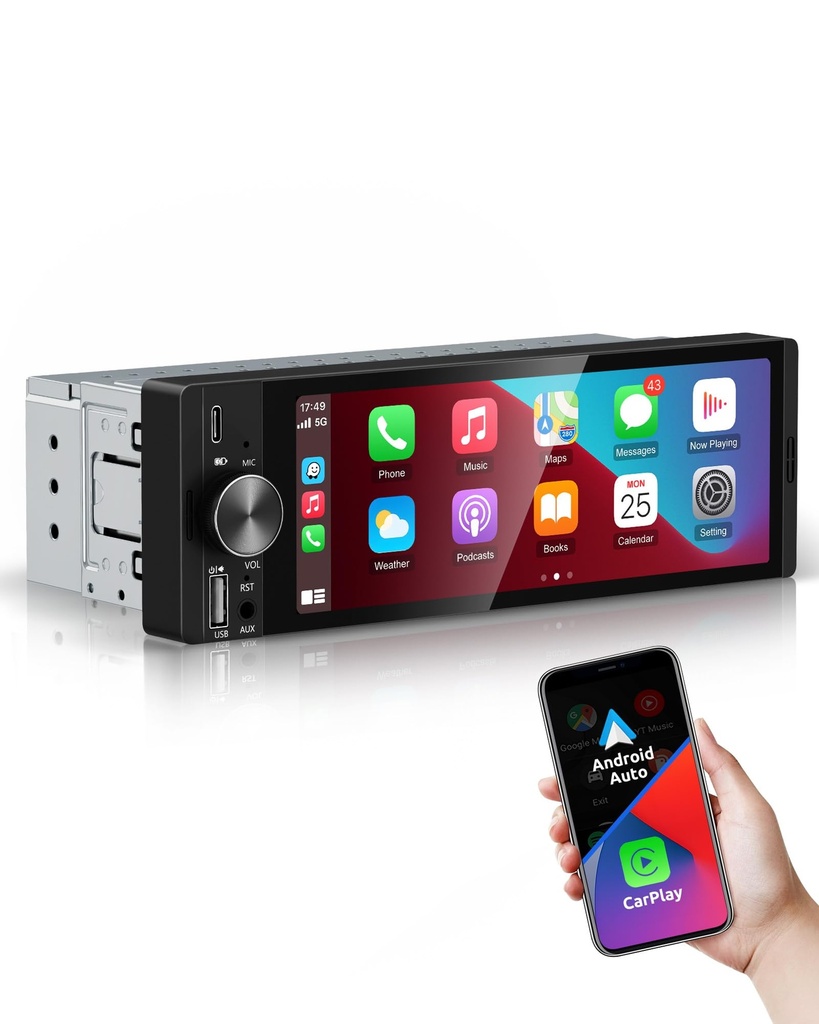 ESSGOO Single Din Car Stereo with Wireless Carplay and Android Auto, 6.36 inch HD IPS