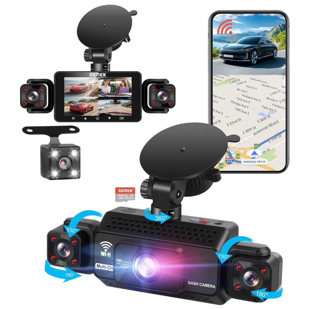 4 Channel Dash Cam 360 View 5G WiFi & APP Control, GEMEK 2K Front and Rear Inside