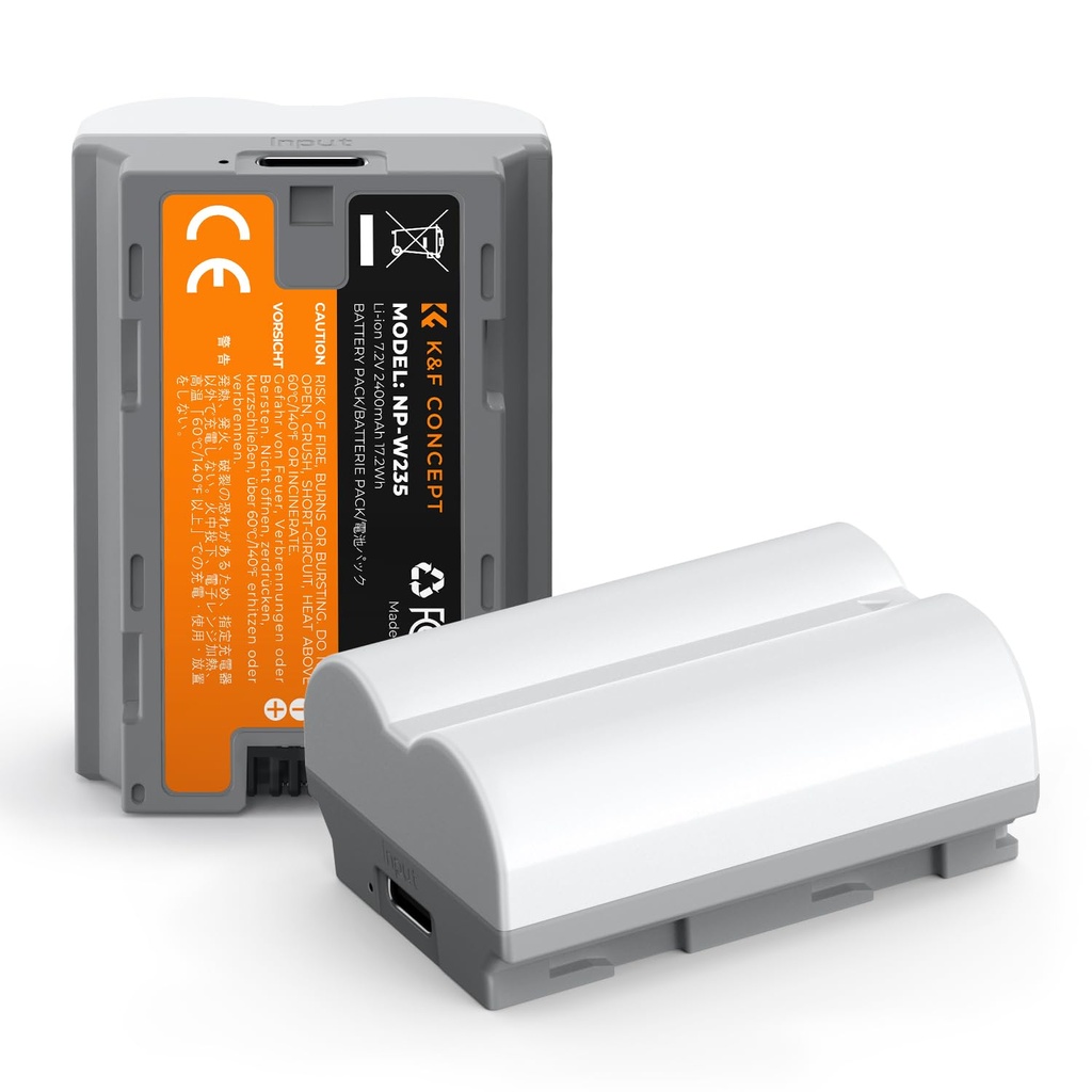 K&F CONCEPT 2 Pack 2400mAh NP-W235 Battery, USB C 2.5H Charging Fuji XT5 Batteries for Fuji