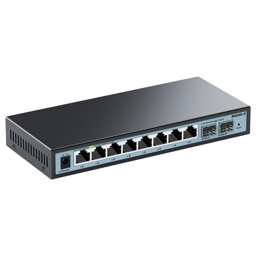 SODOLA 10 Port 2.5Gb Web Managed Switch, 8x 2.5G Base-T Ports, 2x 10G SFP+, Fanless Multi-Gi