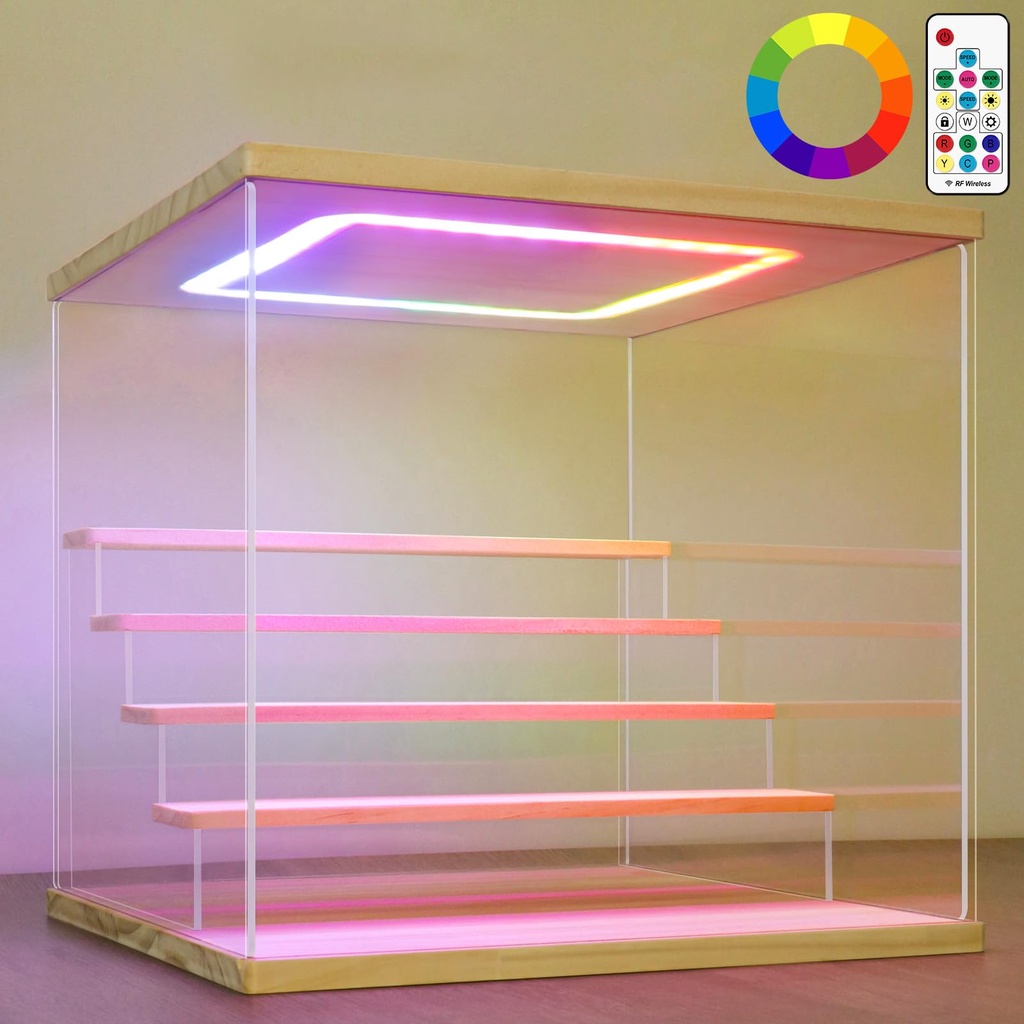 NONEMEY Clear Acrylic Display Case Stand with LED RGB Light 2/3/4/5/6 Tier Storage Box Show