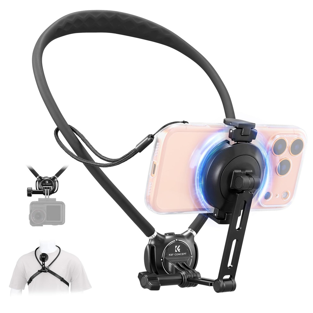 K&F CONCEPT Neck Phone Holder, 2-in-1 Magnetic & Clip-on Phone Neck Holder, Mag-Safe POV 