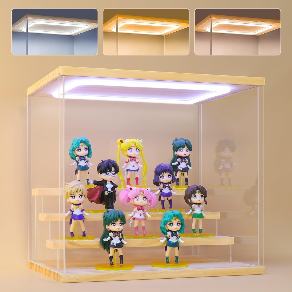 Naconmlet Clear Acrylic Display Case with 4-Tier Wood Stand, Dustproof Front Door Showcase