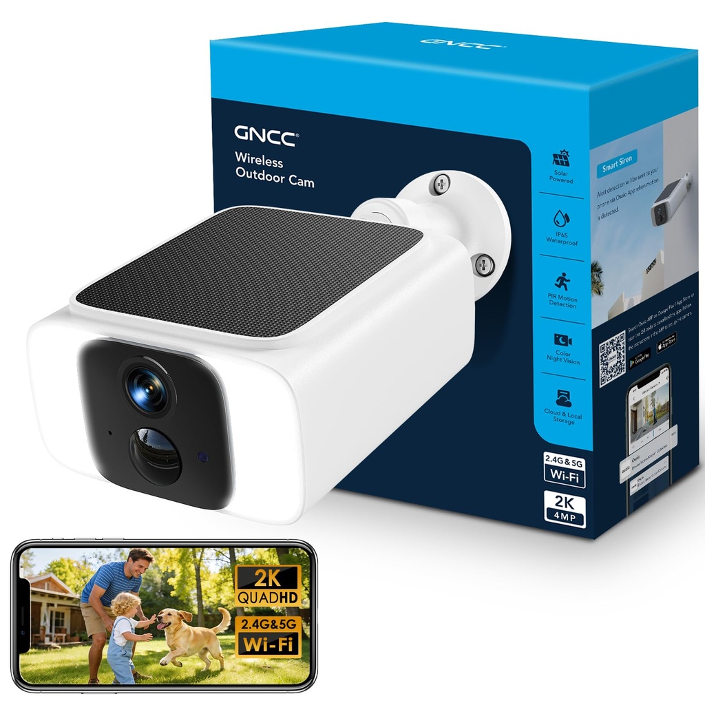 GNCC GW20 Solar Security Camera Outdoor Wireless 2K, Outdoor CCTV Camera with Battery for H