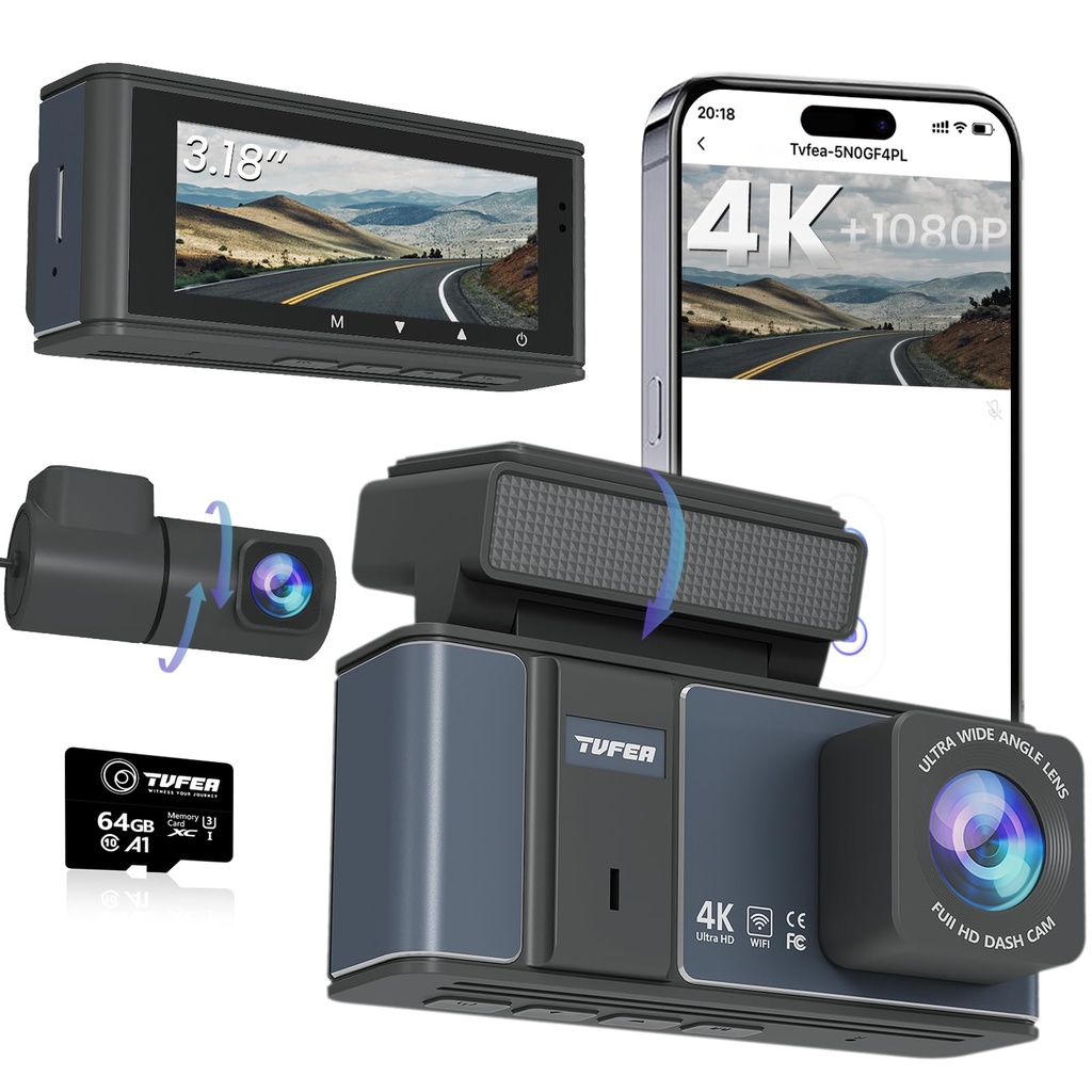Dashcam front and rear camera,Dash cam 4K,Dual Dash Camera for Cars with Wi-Fi,3.18"LCD Scr