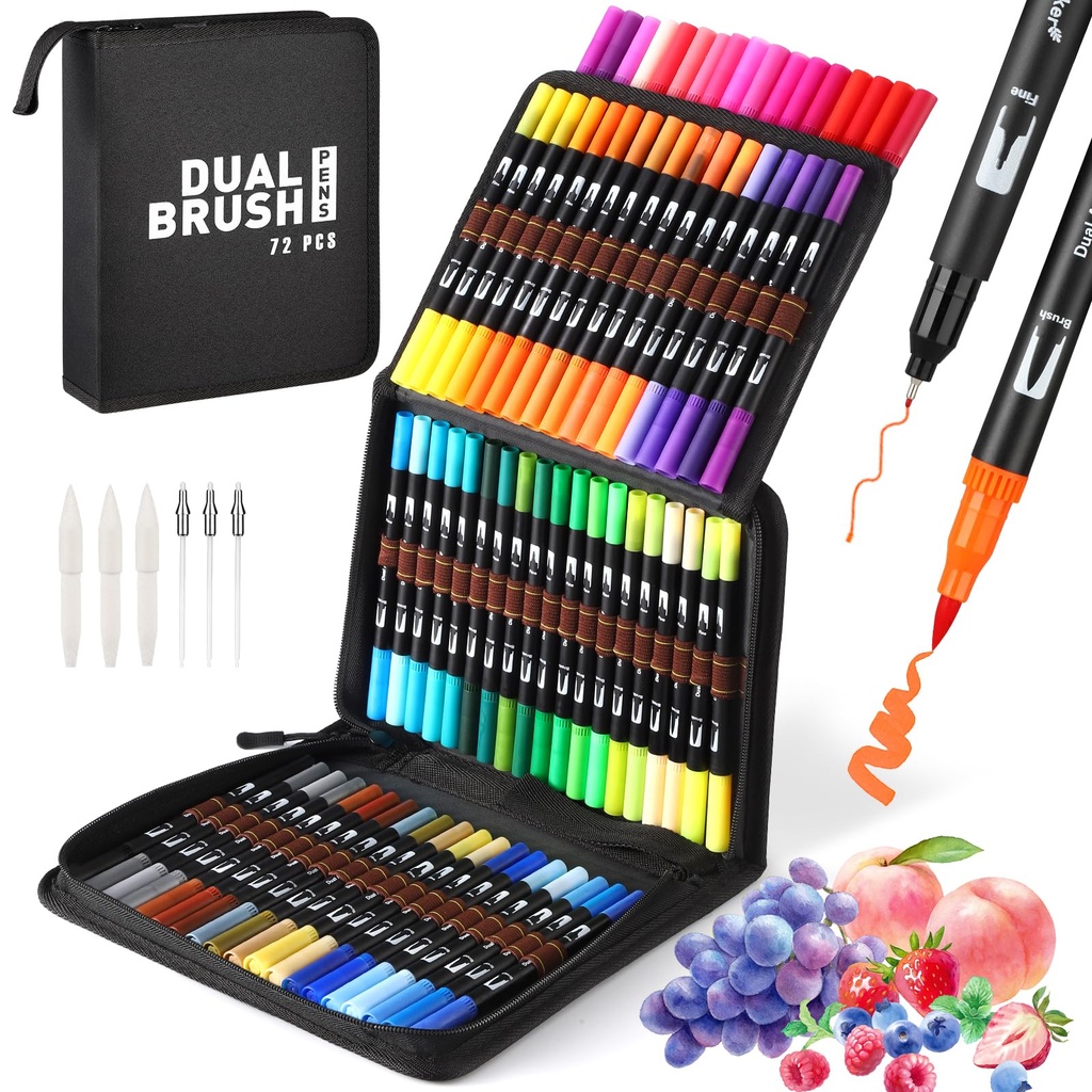 Mzh Art Colouring Pens, 72 Dual Tip Brush & Fineliner Pens Set, Watercolour Brush with Case