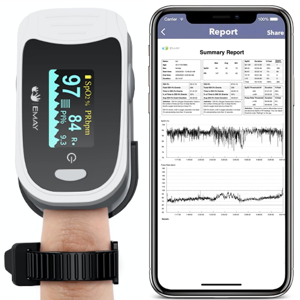 EMAY Sleep Pulse Oximeter with Built-in Recording Capability | Record Continuous Blood Oxyg