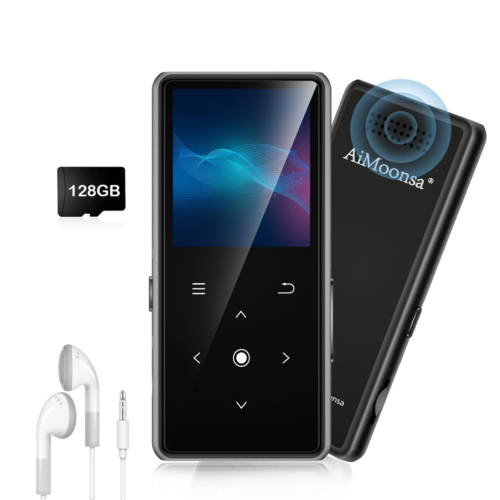 128GB MP3 Player with Bluetooth 5.2, AiMoonsa Music Player with Built-in HD Speaker, FM Rad