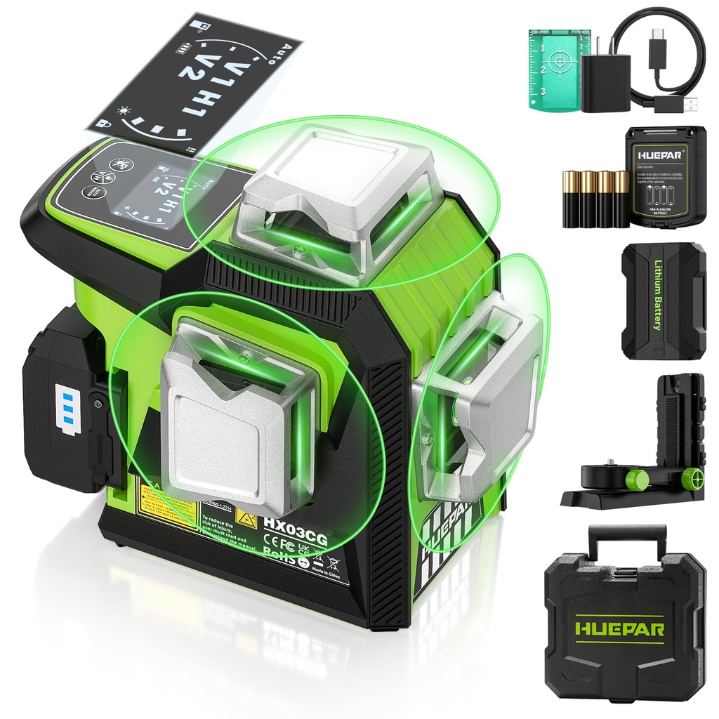 Huepar Laser Level ??2mm High Accuracy 3D Adjustable Brightness Green Line Level with LCD Sc