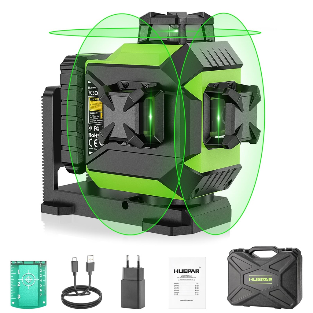 Huepar 3 x 360?? Laser Level Green 3D Self-Leveling Cross 12 Lines Lazer Level Three-Plane L