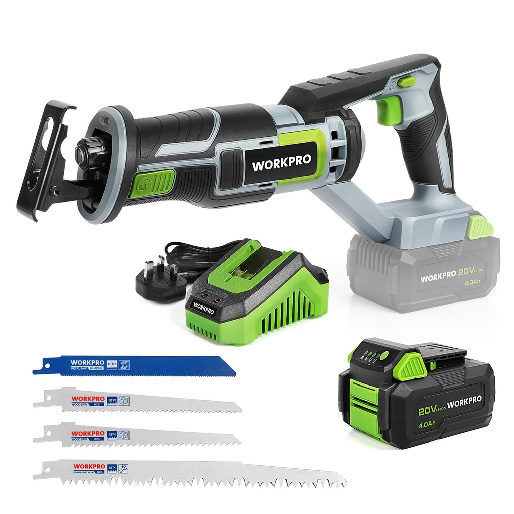 WORKPRO Cordless Reciprocating Saw, 20V 4.0Ah Battery, 25 mm Stroke Length, Variable Speed