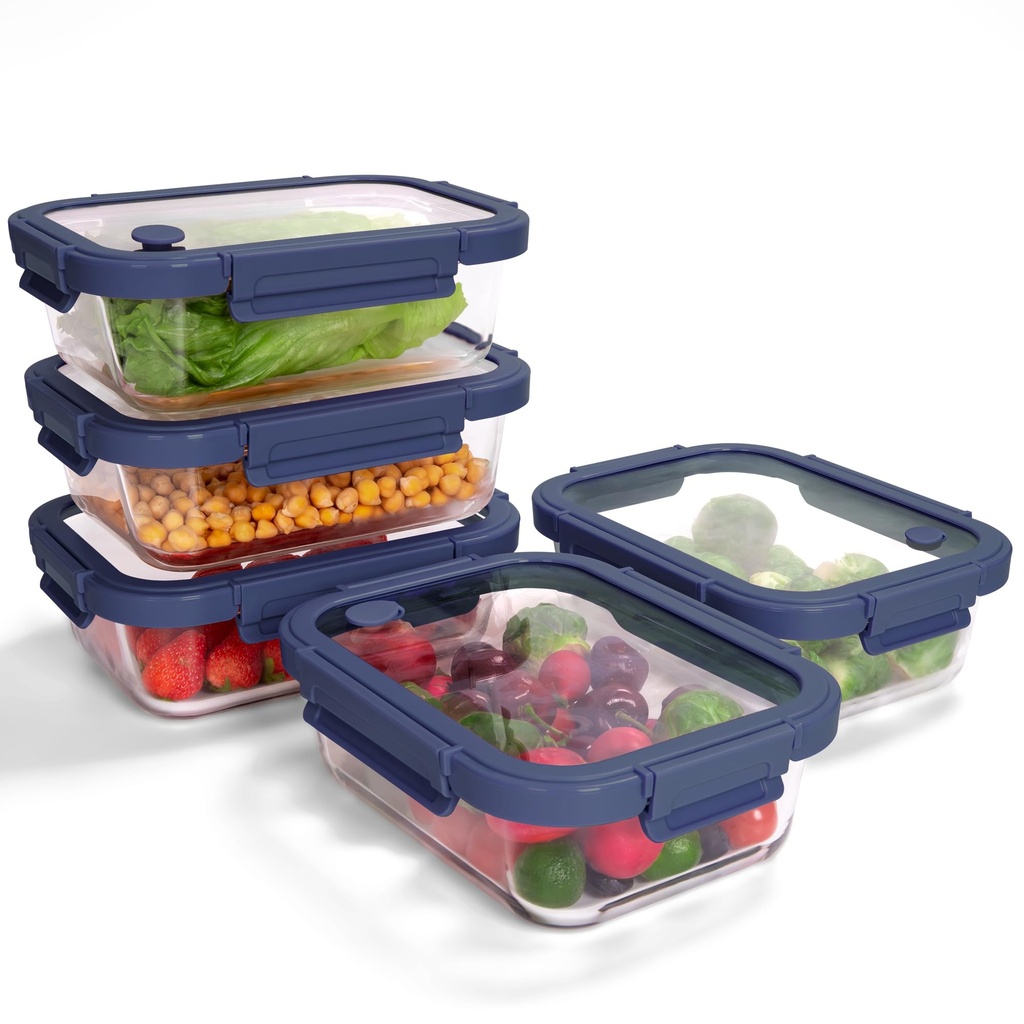BOROHOUSE 35.2oz Glass Meal Prep Containers with Snap Lock Lids (5-Pack) - Freezer to Oven S