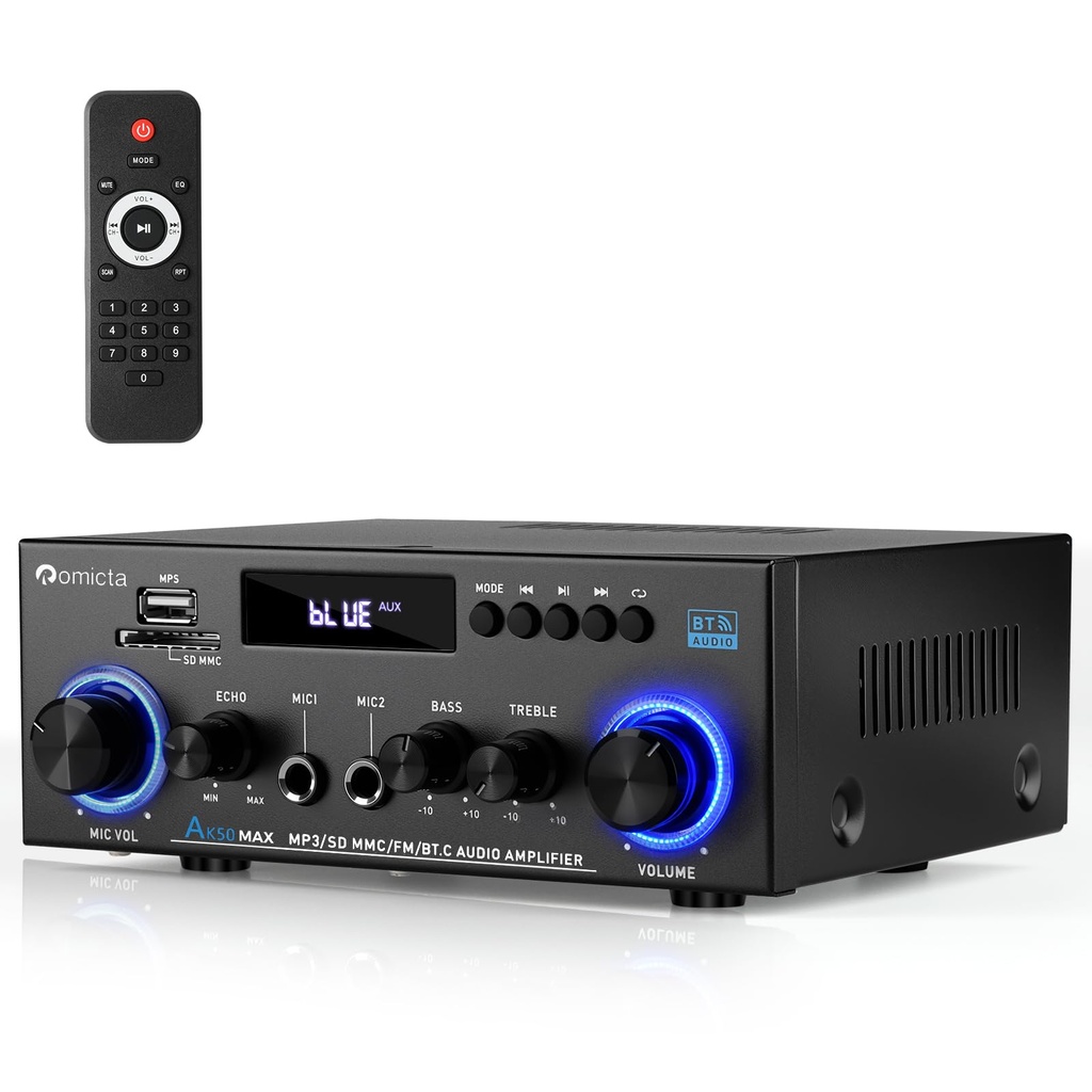 Romicta Stereo Audio HiFi Amplifier, 800W Bluetooth Amplifier 5.0, 2 Channels 12V/230V, LCD