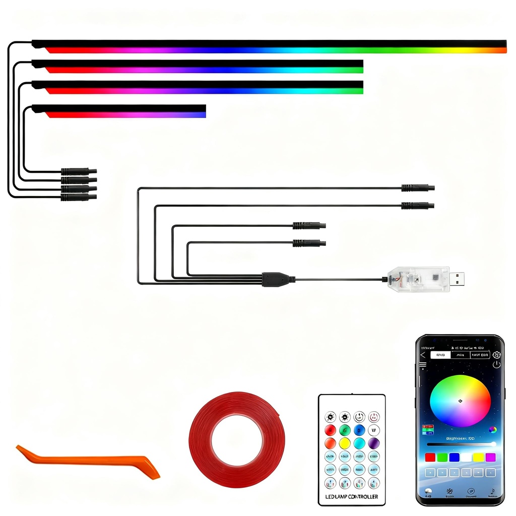 Acrylic Ambient Interior Lighting Car LED Strip Kit 4 in1 LED RGB Tape Light with APP Contro