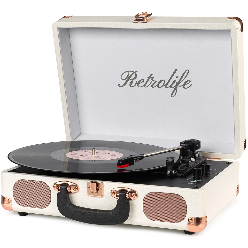 Vinyl Record Player 3-Speed Bluetooth Suitcase Portable Belt-Driven Record Player with Buil