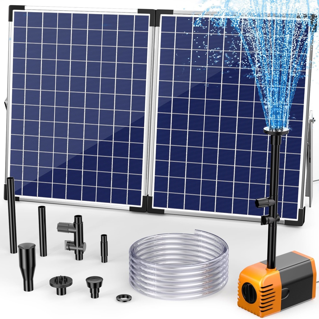 Biling 35W Solar Water Fountain, 1600 L/H Solar Pond Pump with 4 Nozzles and Pipe for 300-2