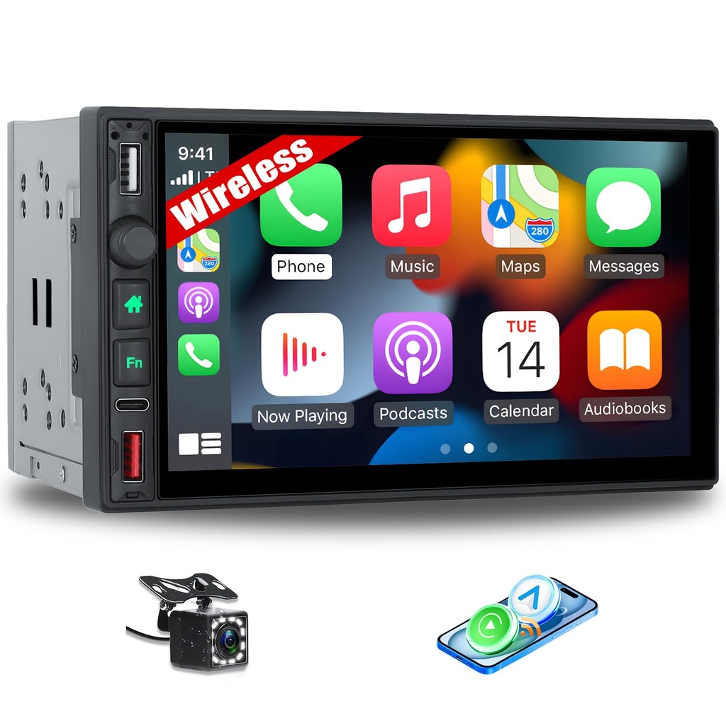 Double Din Car Stereo Wireless CarPlay Android Auto Bluetooth FM/AM/RDS Radio 7 Inch HD 1024