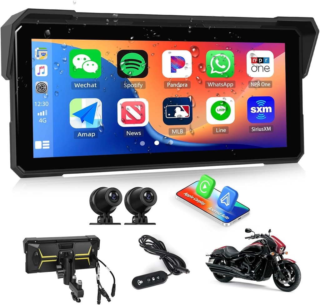 CAMECHO Motorcycle Carplay Screen Dashcam with Dual Camera, Carplay & Android Auto